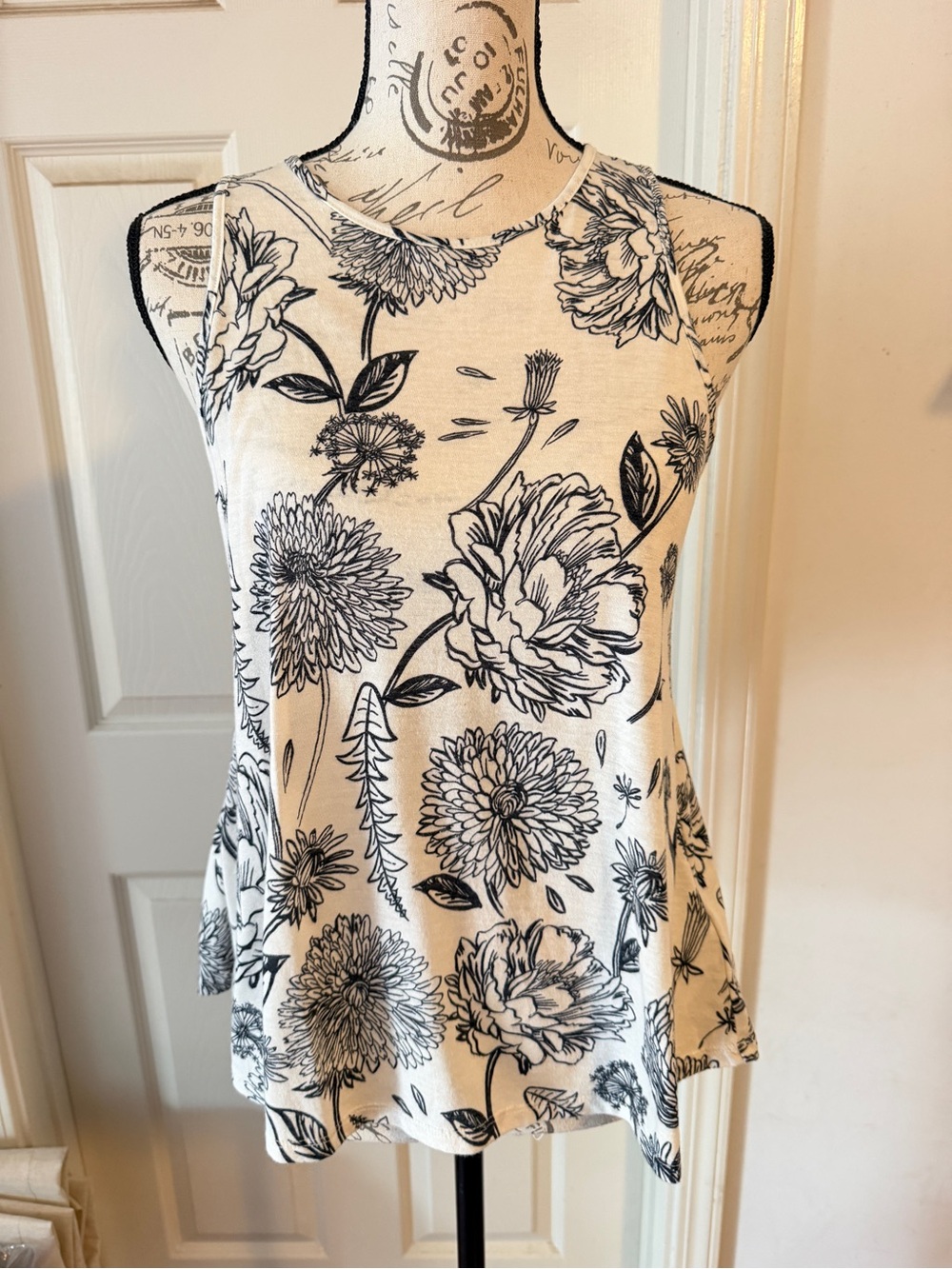 Anthropologie White Tank Top with Black Floral Print